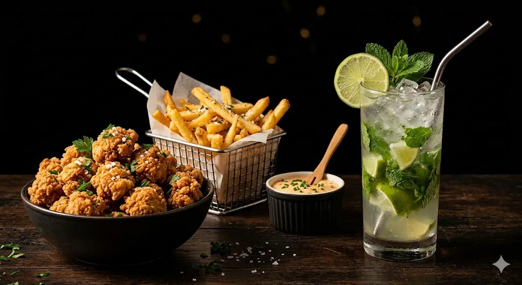 Crispy chicken popcorn + fries + any mojito